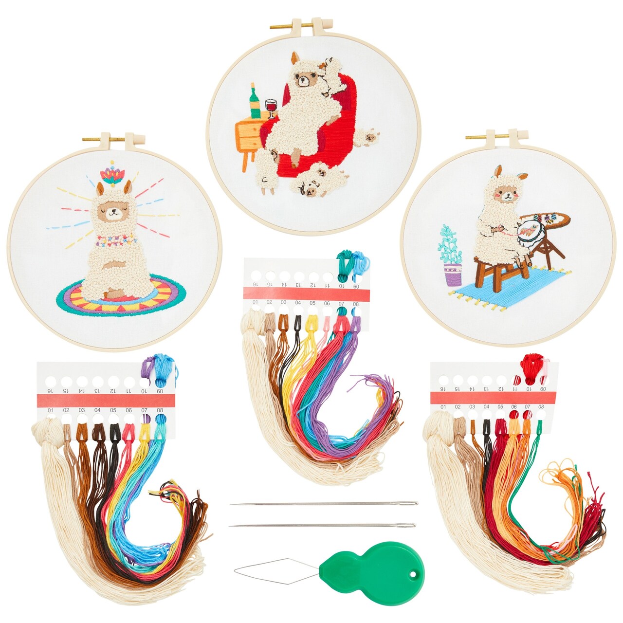 21 Piece Llama Embroidery Starter Kit for Beginners, Includes Yarn, Patterns, Hoops, and Needles (3 Designs)